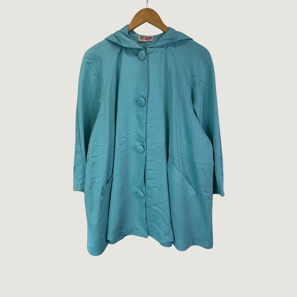 Womens XL Vintage Clockhouse‎ Hooded Swing Coat Aqua Blue Mod Retro Oversize